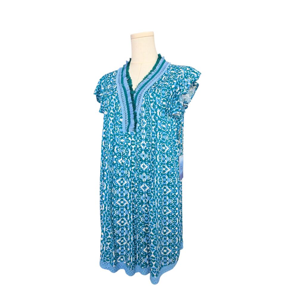 NWT JAPNA Blue Print with Tassel Trim V-Neck Mini Dress